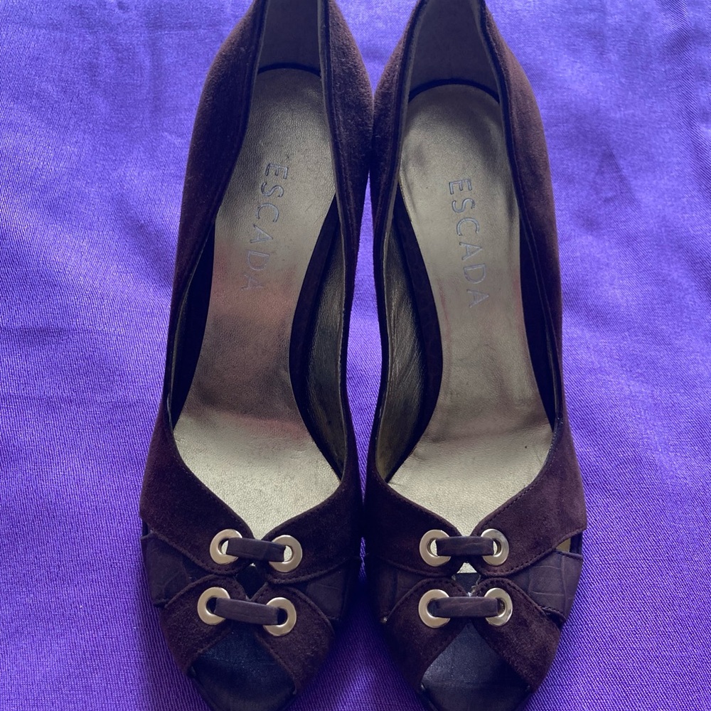 ESCADA Brown Leather Peep Toe Heels Size 38 - Picture 2 of 7